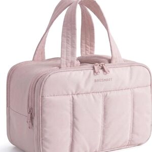 BAGSMART Quilted Travel Cosmetic Bag in Light Pink